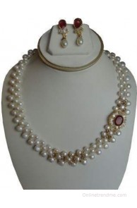 Sri Bansilal Pearls Red Pandent Patta Side Mother of Pearl Jewel Set